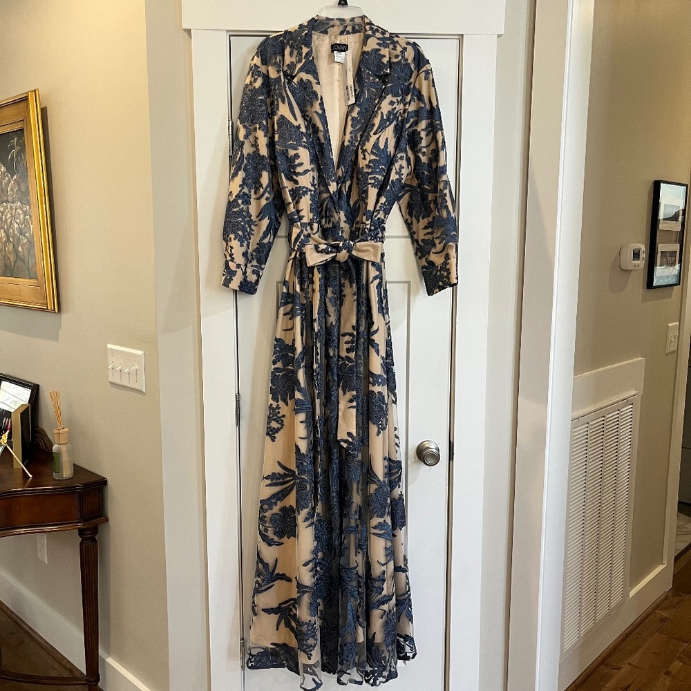 Jovani Beige and Navy Floral Long Dress